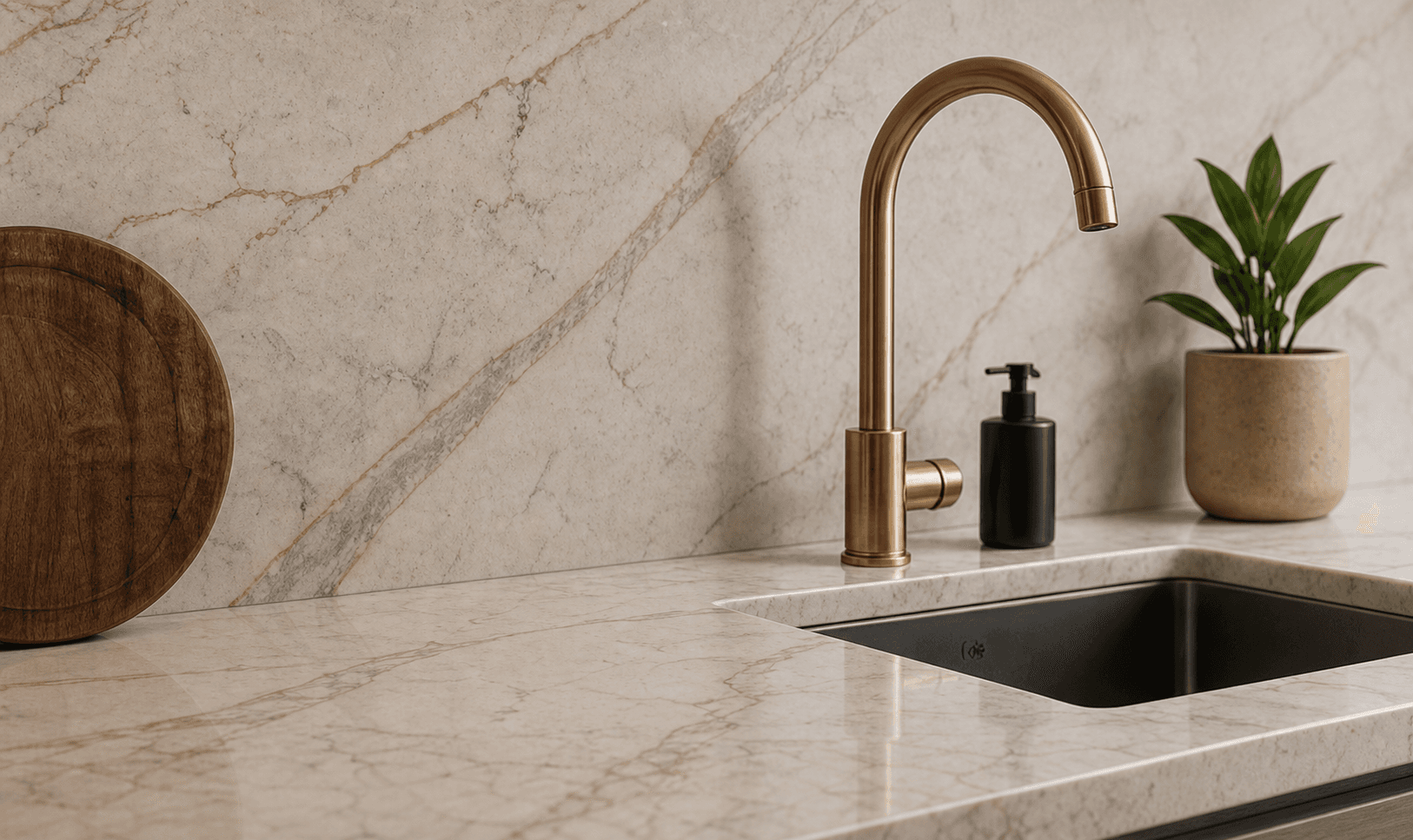 Bright stone kitchen worktop detail