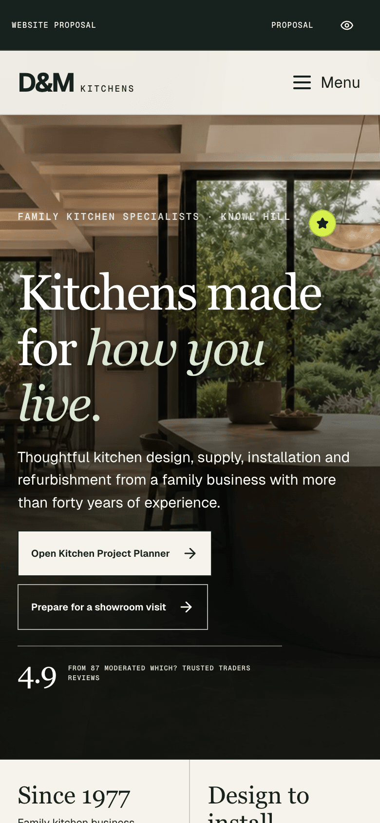 The D&M Kitchens private website preview on mobile