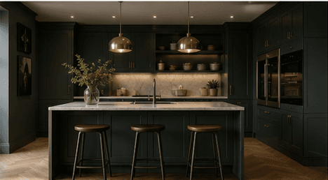 Illustrative framed dark-green kitchen direction