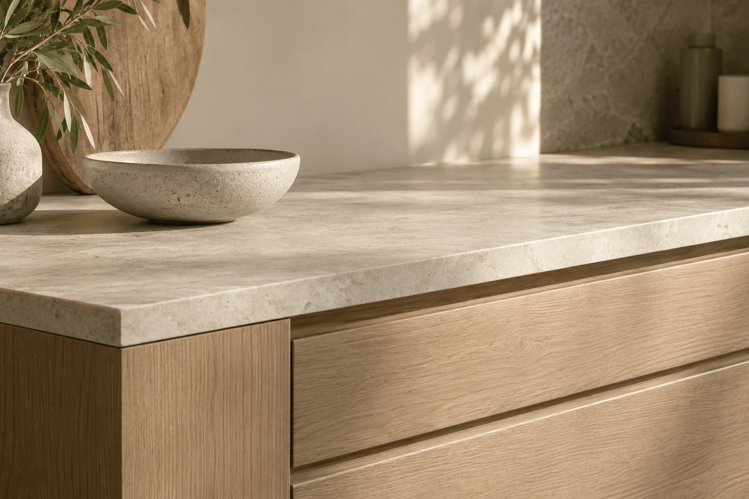 Sunlit oak joinery and pale stone