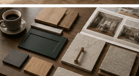 Illustrative kitchen material samples arranged on a light work surface
