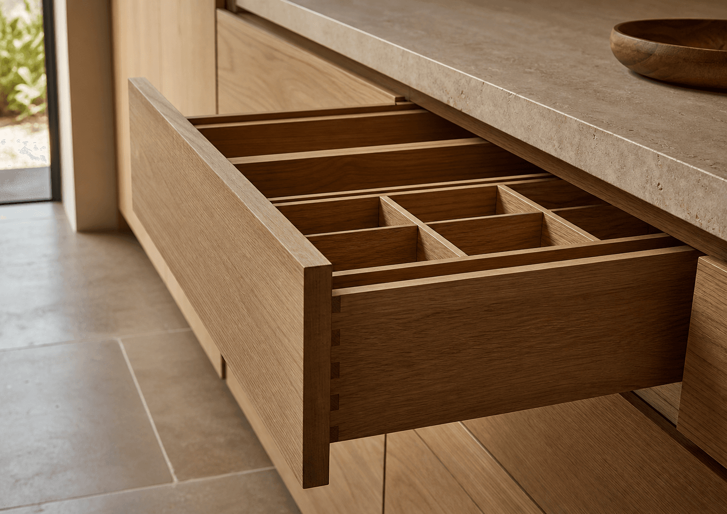 Illustrative oak kitchen storage detail