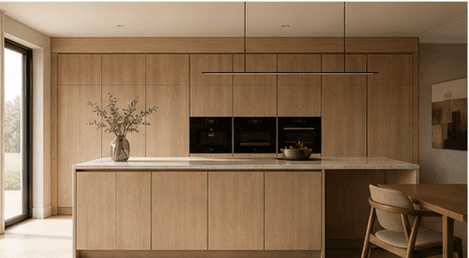 Illustrative pale-timber handleless kitchen direction