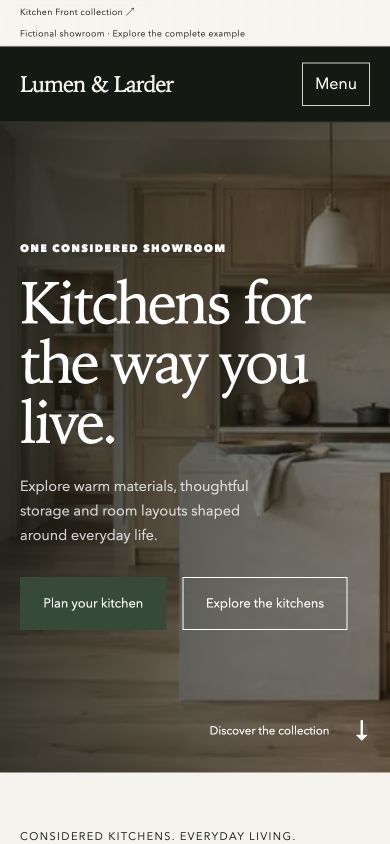 Actual mobile Lumen and Larder homepage at 390 × 844