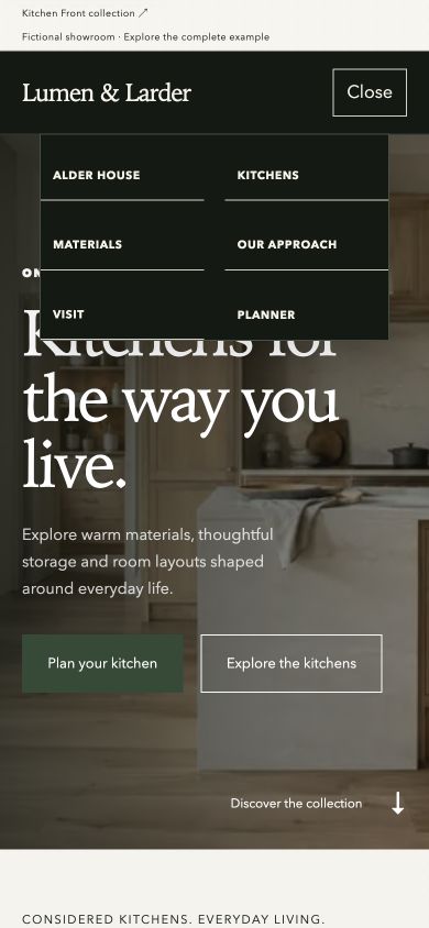 Actual expanded Lumen and Larder mobile navigation at 390 × 844