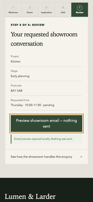 Actual captured Lumen sample planner review after keyboard completion, with the focused preview button and visible local nothing-sent confirmation, at 390 × 844
